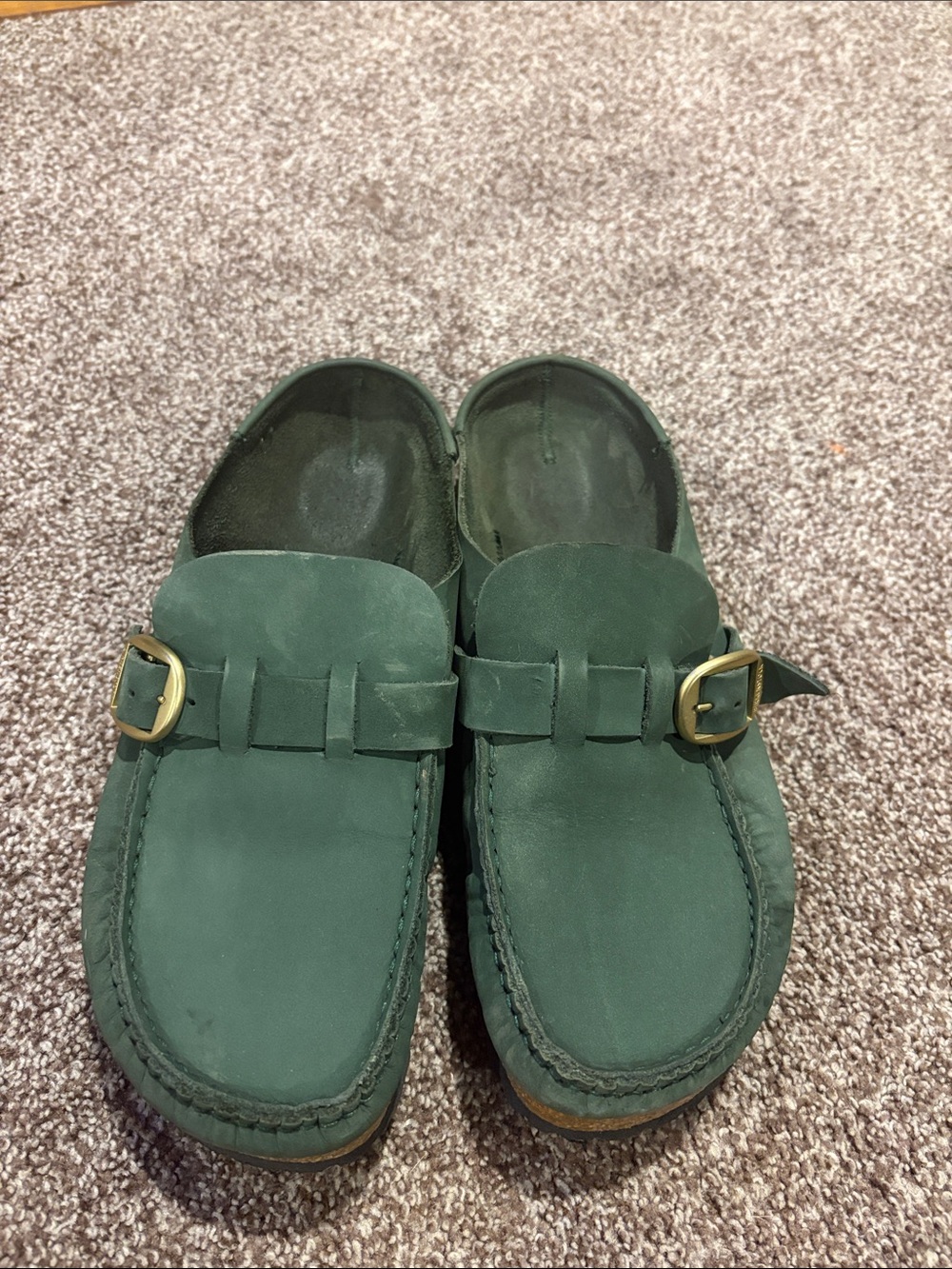 Birkenstock Green Leather Buckle Mules